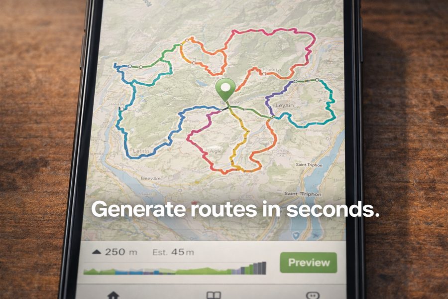 Phone showing 8 coloured loop routes on a map — Generate routes in seconds