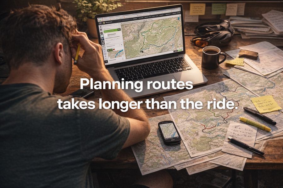 Person planning routes on a laptop surrounded by paper maps — Planning routes takes longer than the ride